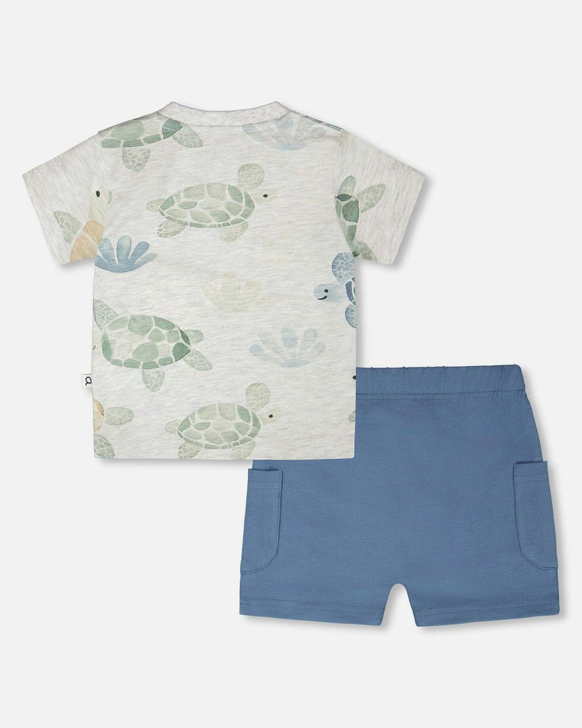Jersey T-Shirt And Organic Cotton Jersey Shorts Set Grey Mix Turtle Print And Medium Blue