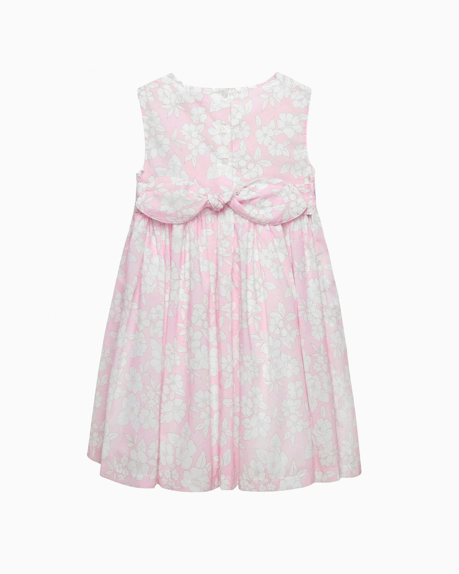 Molly Smocked Pinafore Dress in Pale Pink Floral
