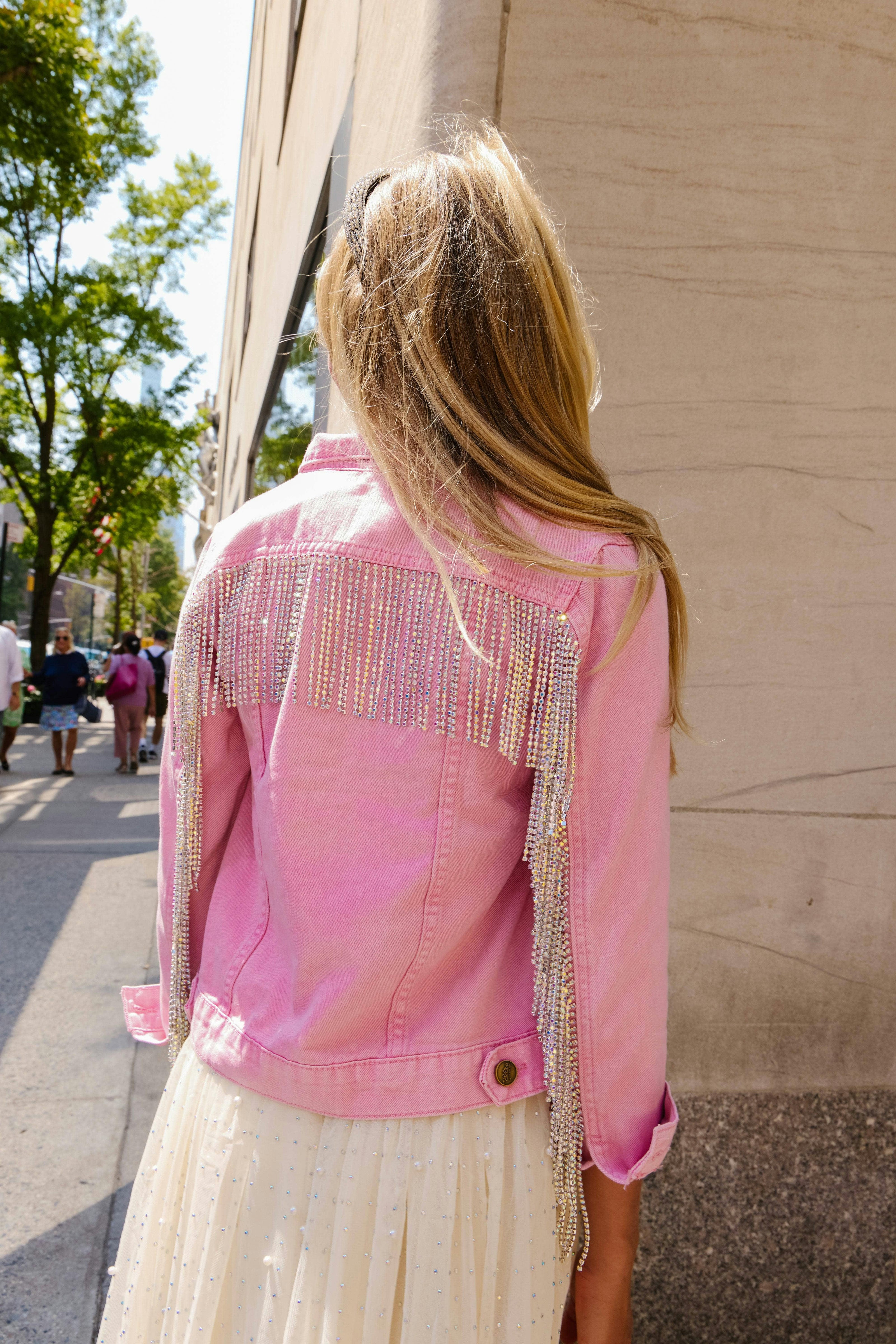 Pink Crystal Tassel Denim Jacket