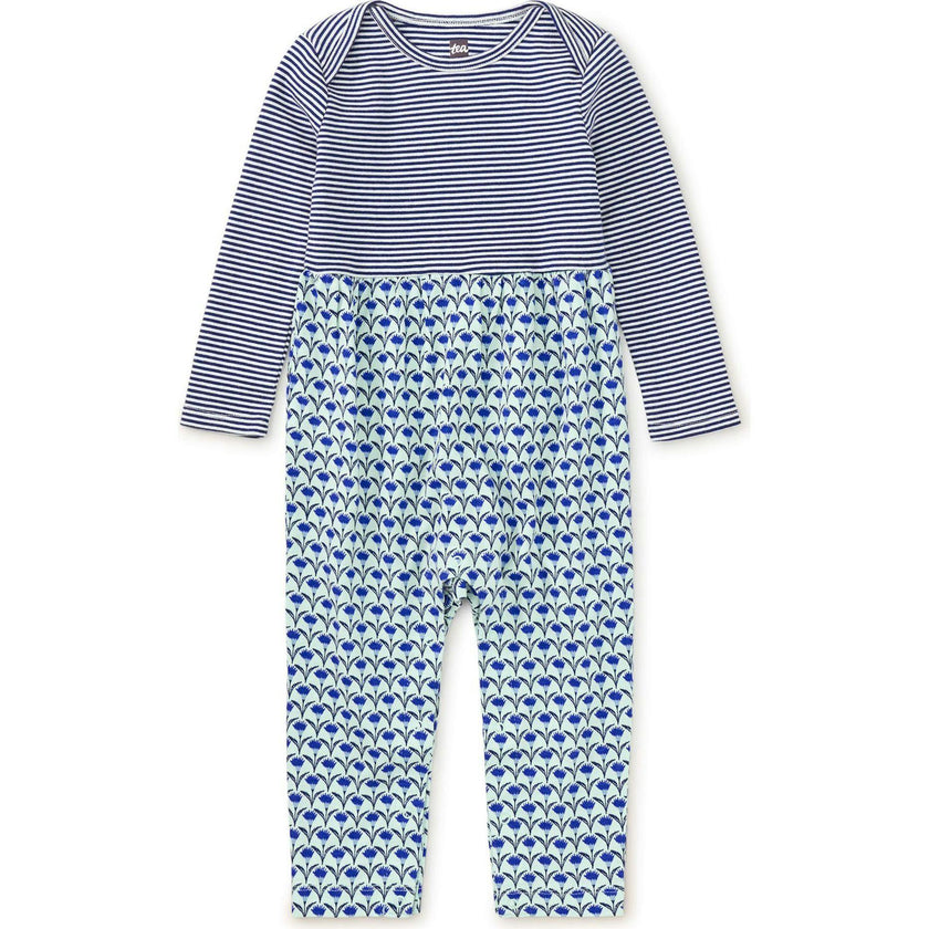 Babys Mix Print Envelope Neck Long Sleeve Romper, Blue