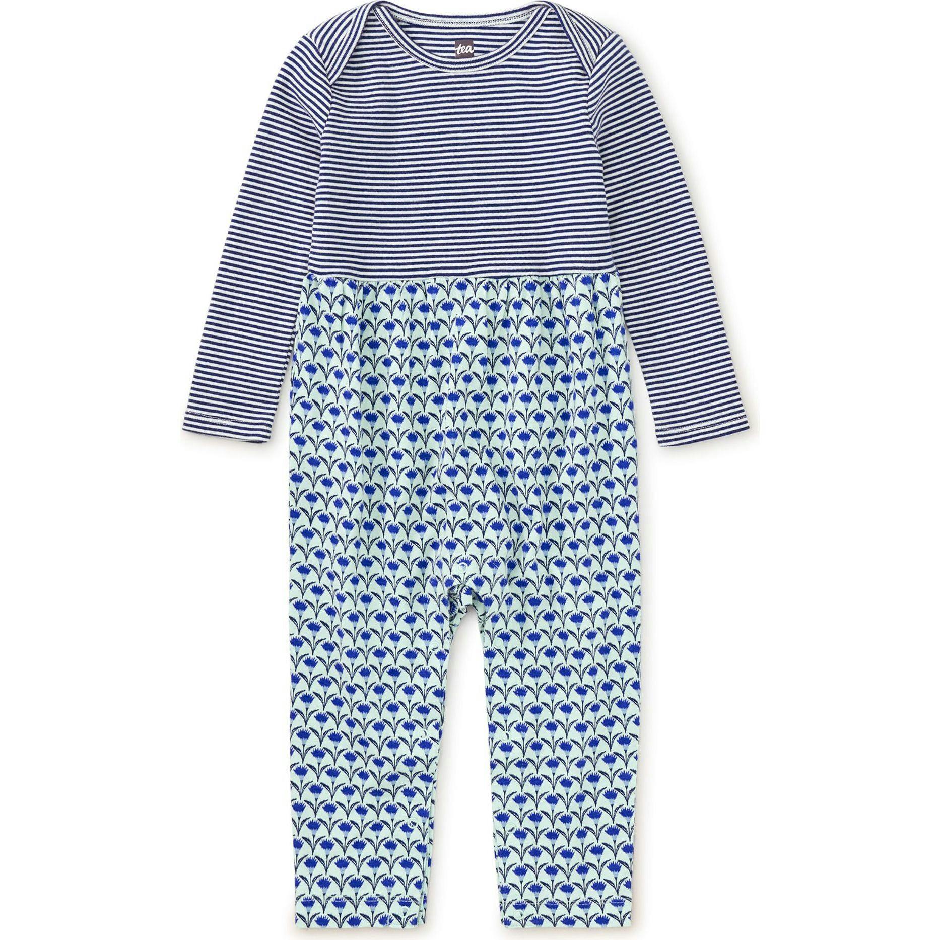 Babys Mix Print Envelope Neck Long Sleeve Romper, Blue