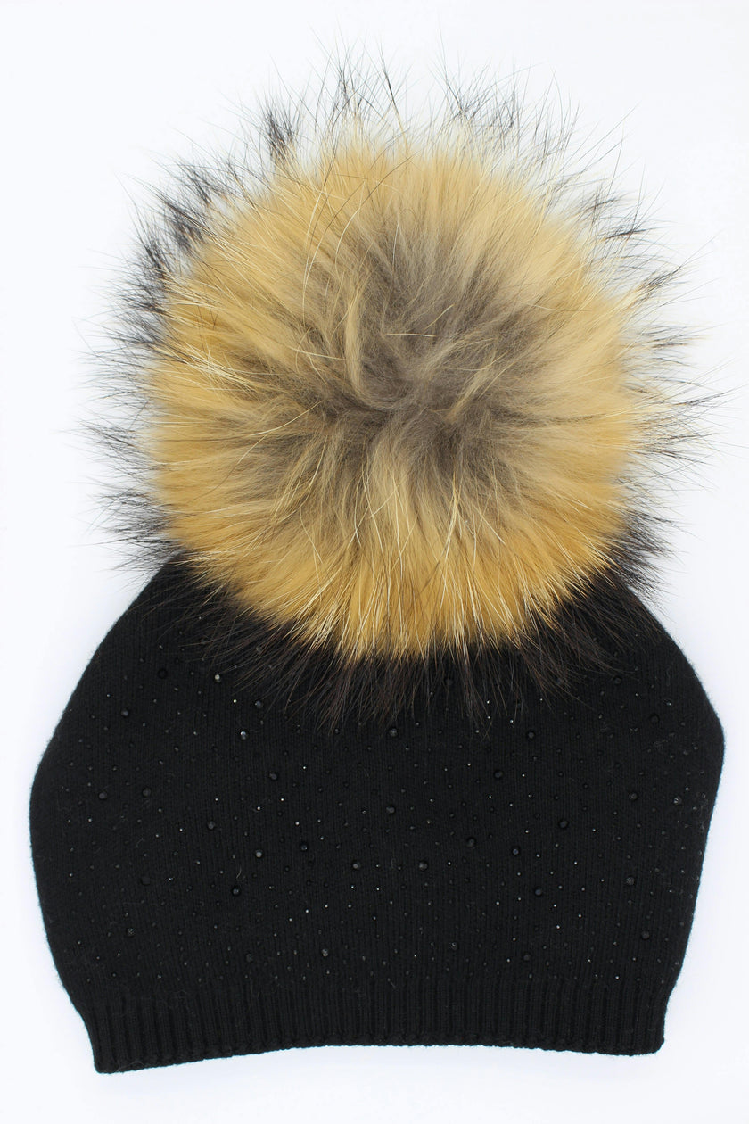 Sewn Knit Wool Hat With Faux Fur Pom, Navy