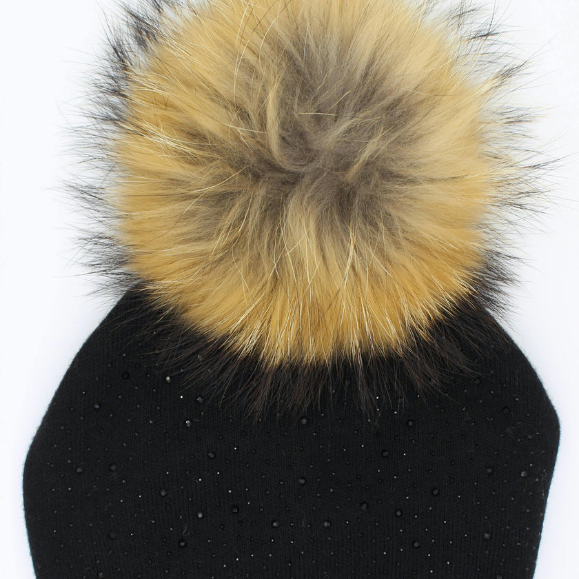Sewn Knit Wool Hat With Faux Fur Pom, Navy