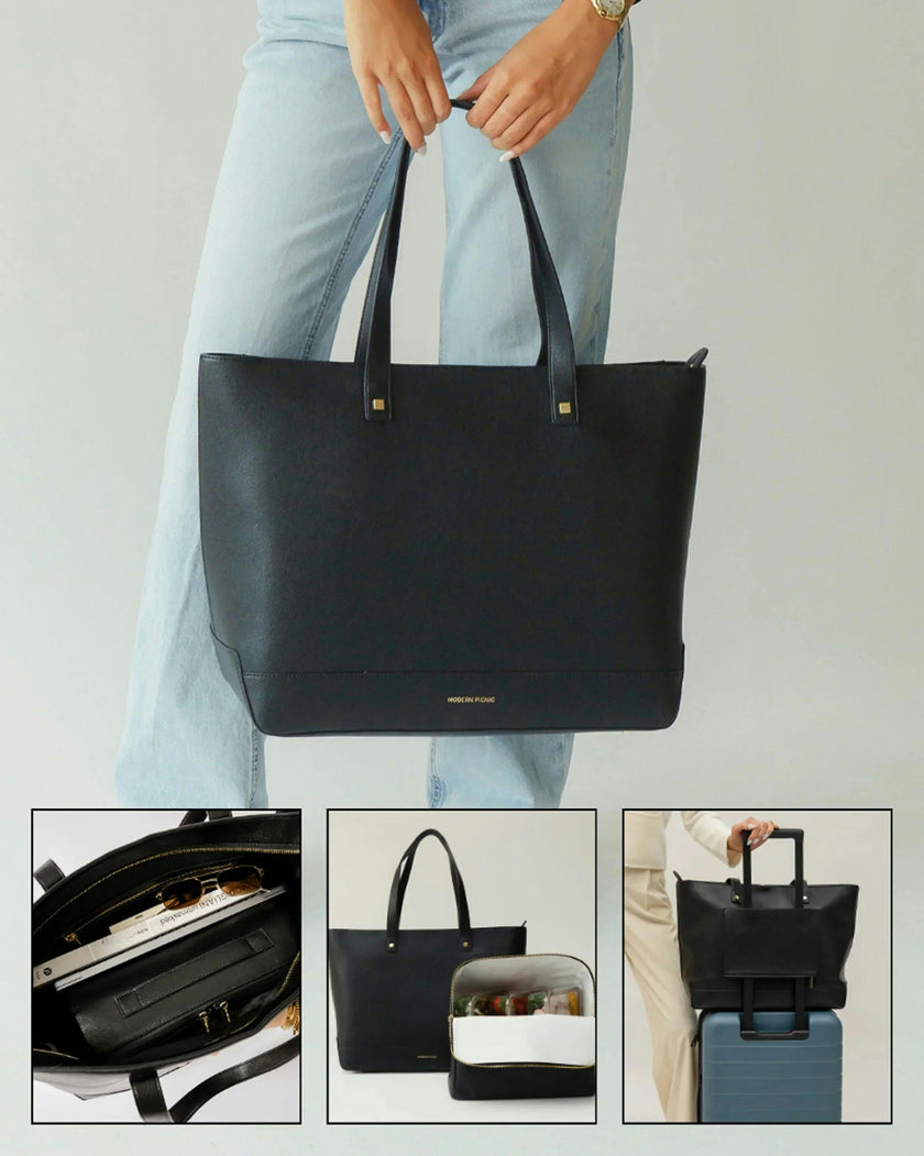 Vegan Leather Work Tote Bag with Removable Insulated Pouch, Black