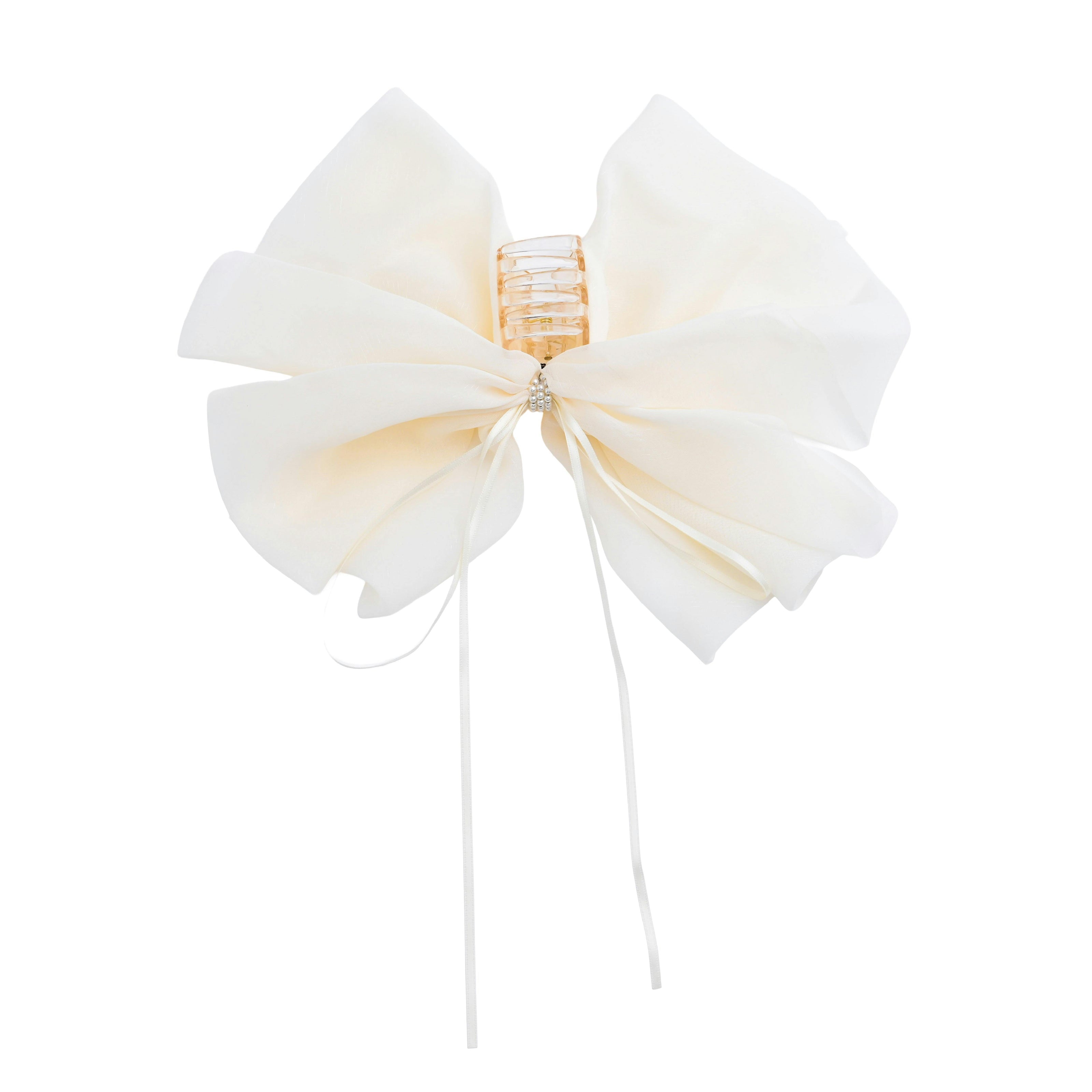 Ivory Chiffon Bow Claw Clip with Rhinestone Center