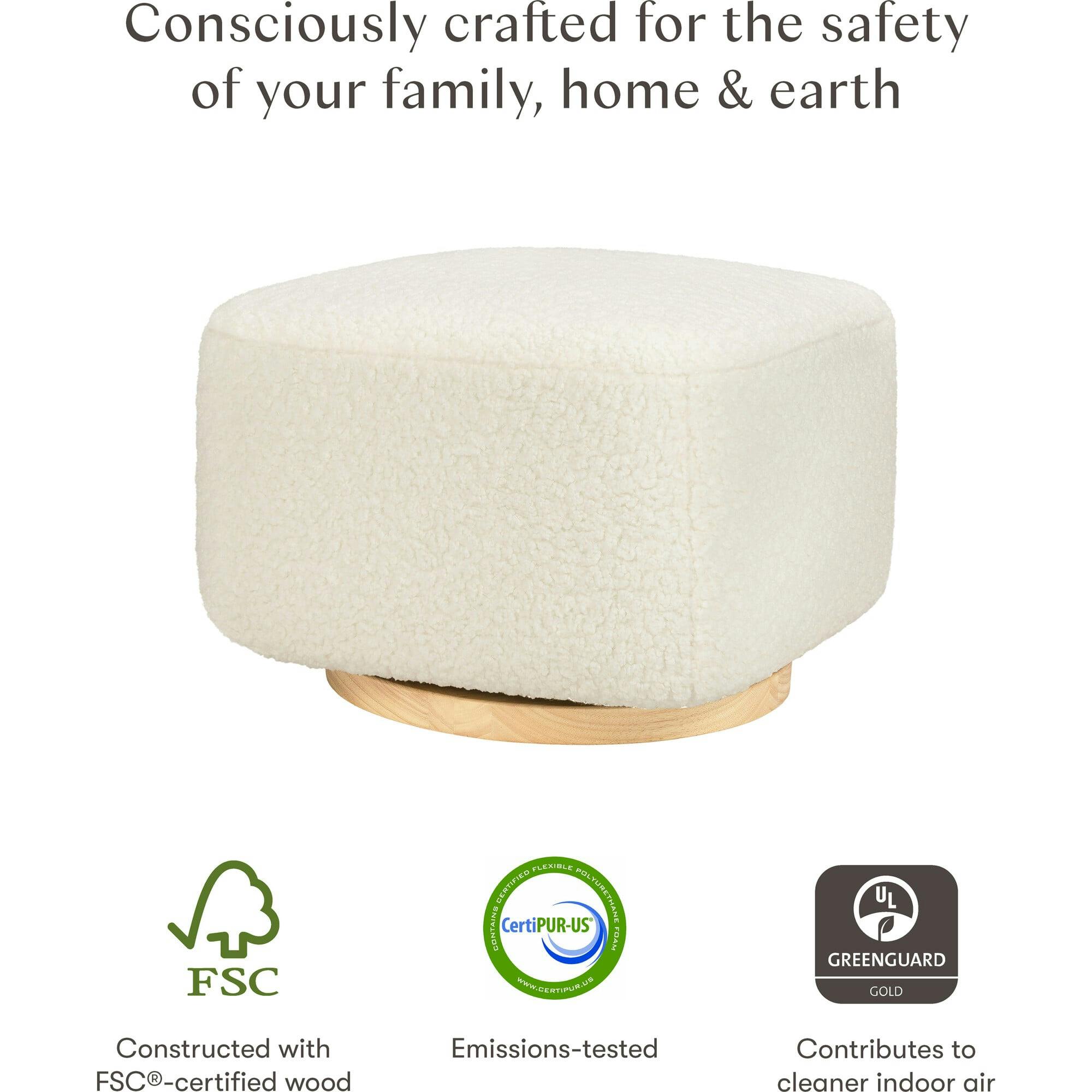 Kiwi Gliding Ottoman in Cream Shearling with Light Wood Base
