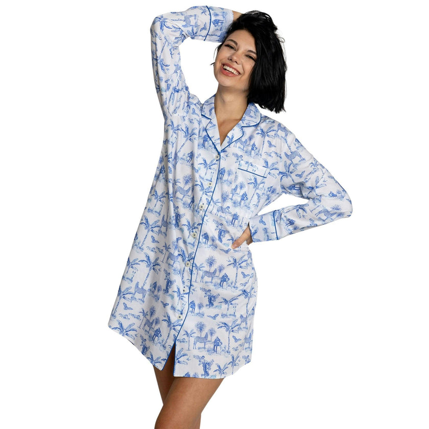 Women's Skydog Toile Blue Night Shirt - Organic Cotton Poplin