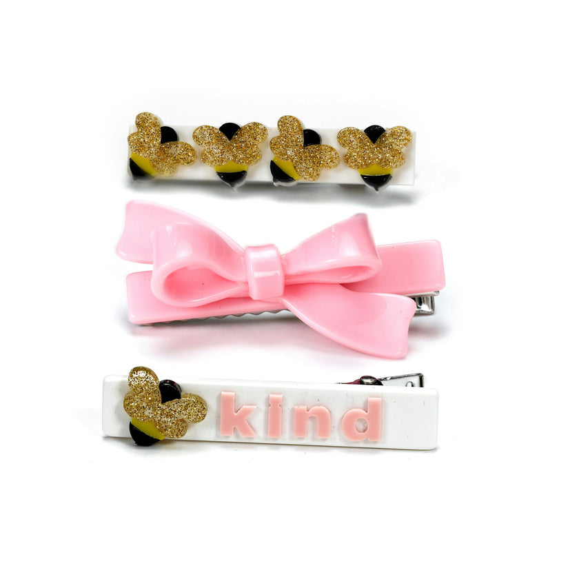 Bees Kind and Pink Bow Hair Clips -SPR