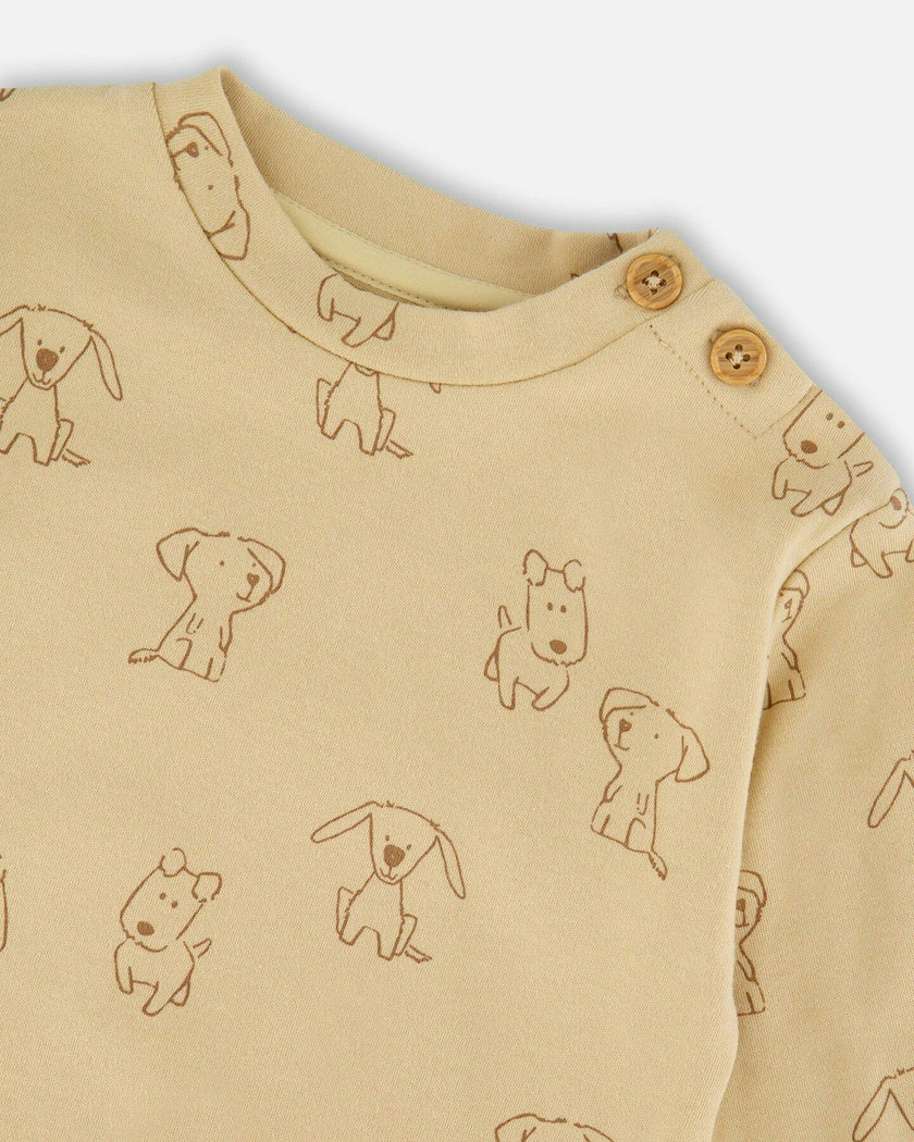 Organic Cotton Pant And Top Set Beige Printed Dogs