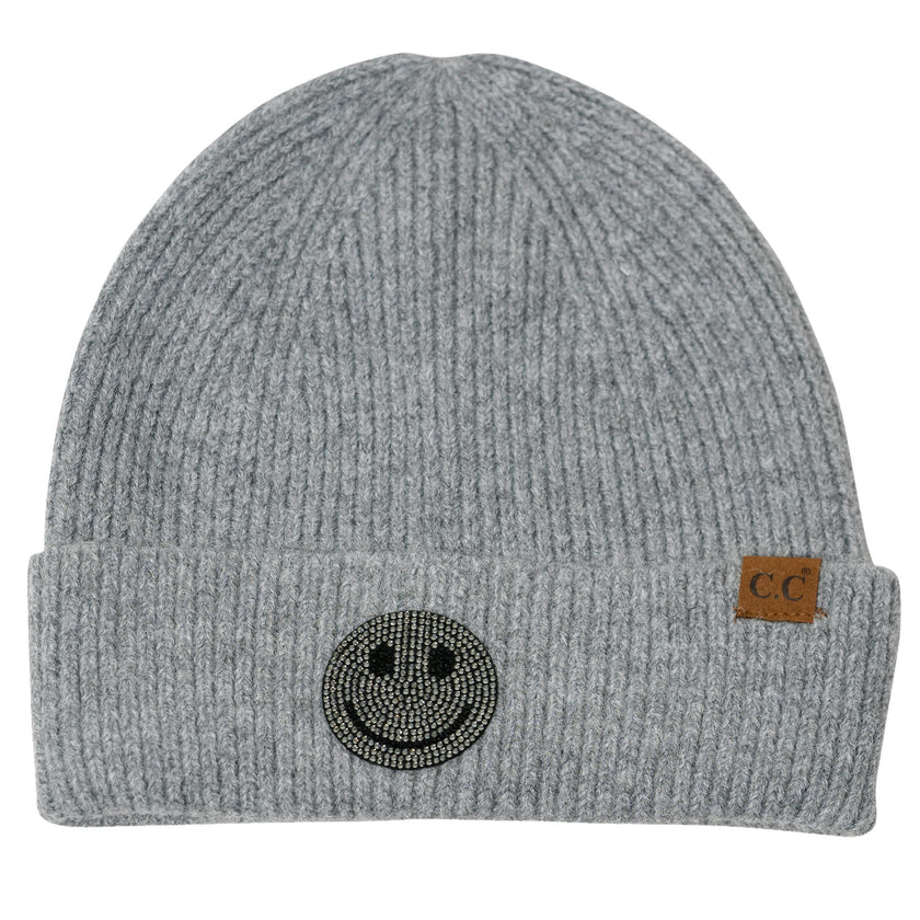 Beanie with Rhinestone Happy Face Patch