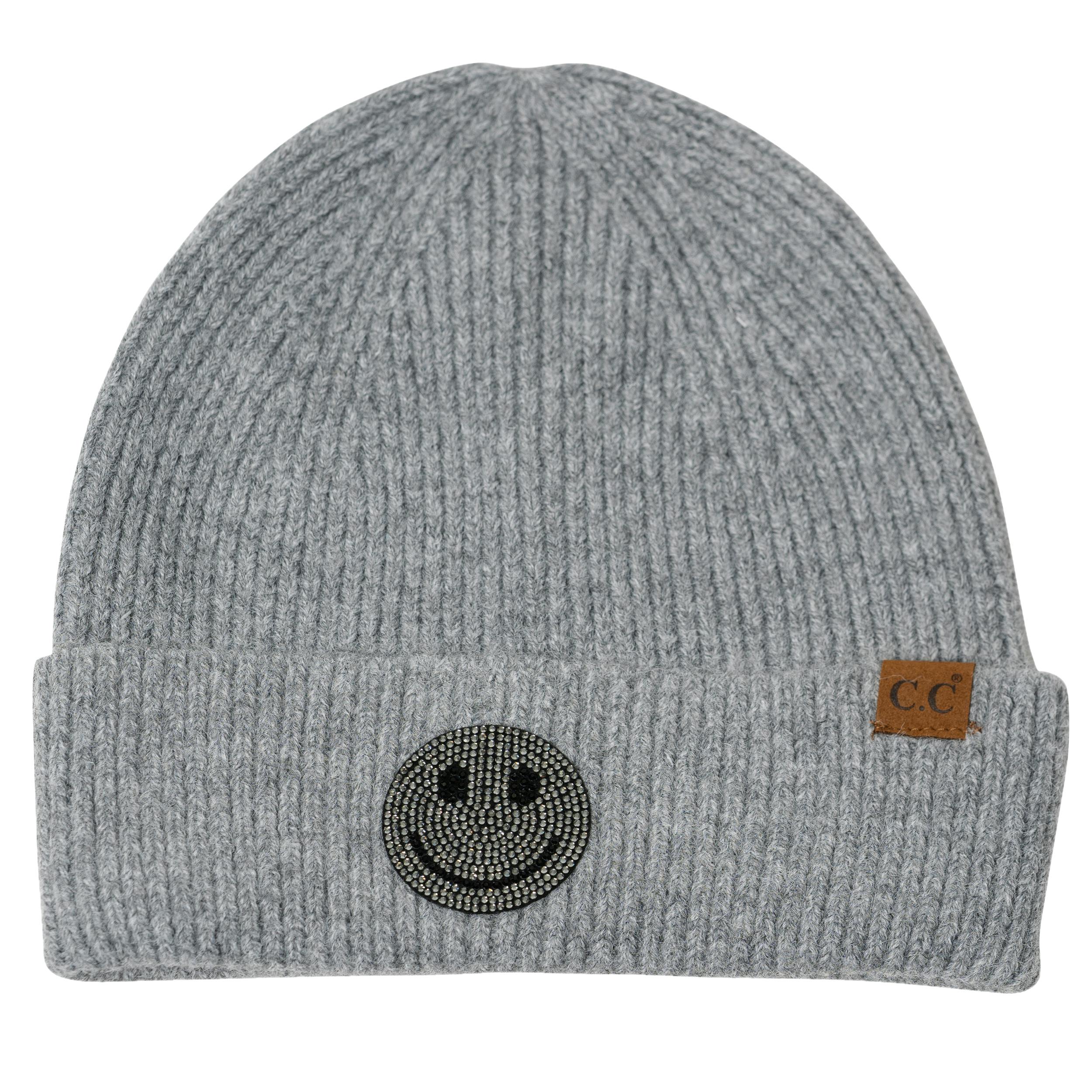 Beanie with Rhinestone Happy Face Patch