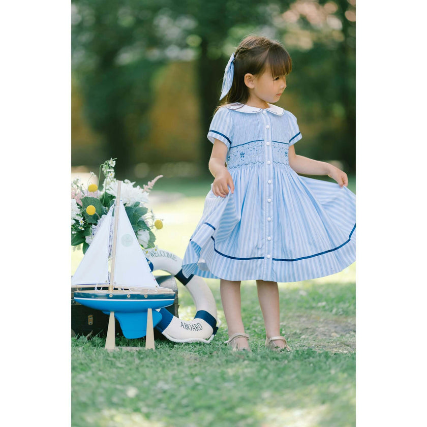 Riviera Blue Stripe Short Sleeve Smocked Dress