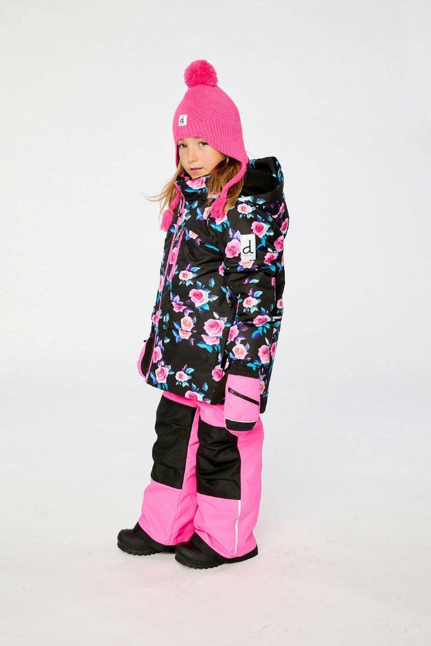 Two Piece Play Snowsuit Black Rose Print With Pink Pants