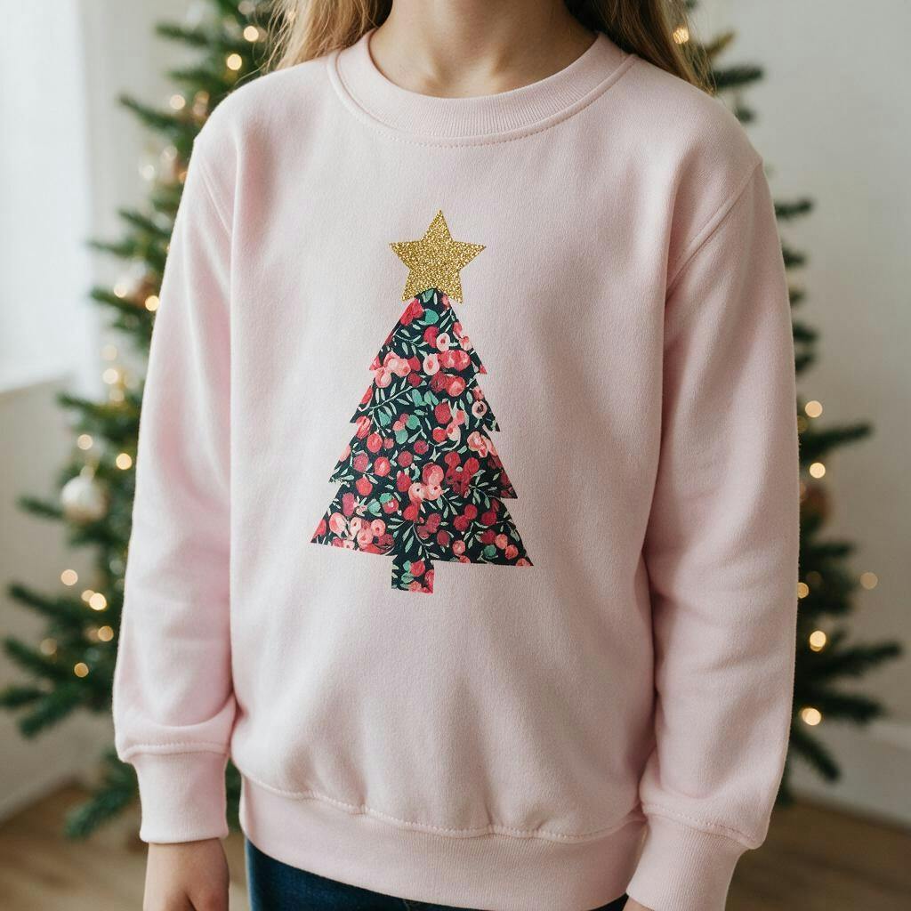Liberty of London children's Christmas tree design pale pink jumper
