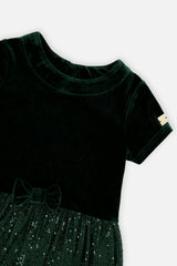 Bi-Material Short Sleeve Dress With Glittering Skirt Green Forest