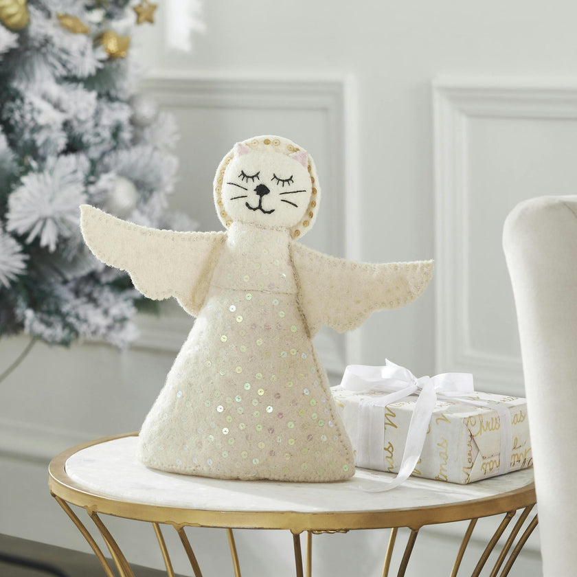 Handmade Cat Angel Felt Christmas Tree Topper Cream