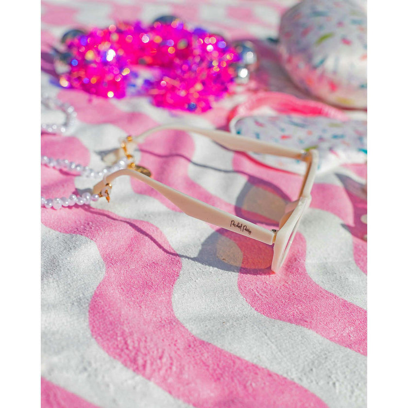 Packed Party Sunny Daze Cat Eye Sunglasses and Pearl Shell Chain Set – White Cat Eye with Freshwater Pearl Chain, 1.75x5.75 Inch Sunglasses with 31.5 Inch Chain