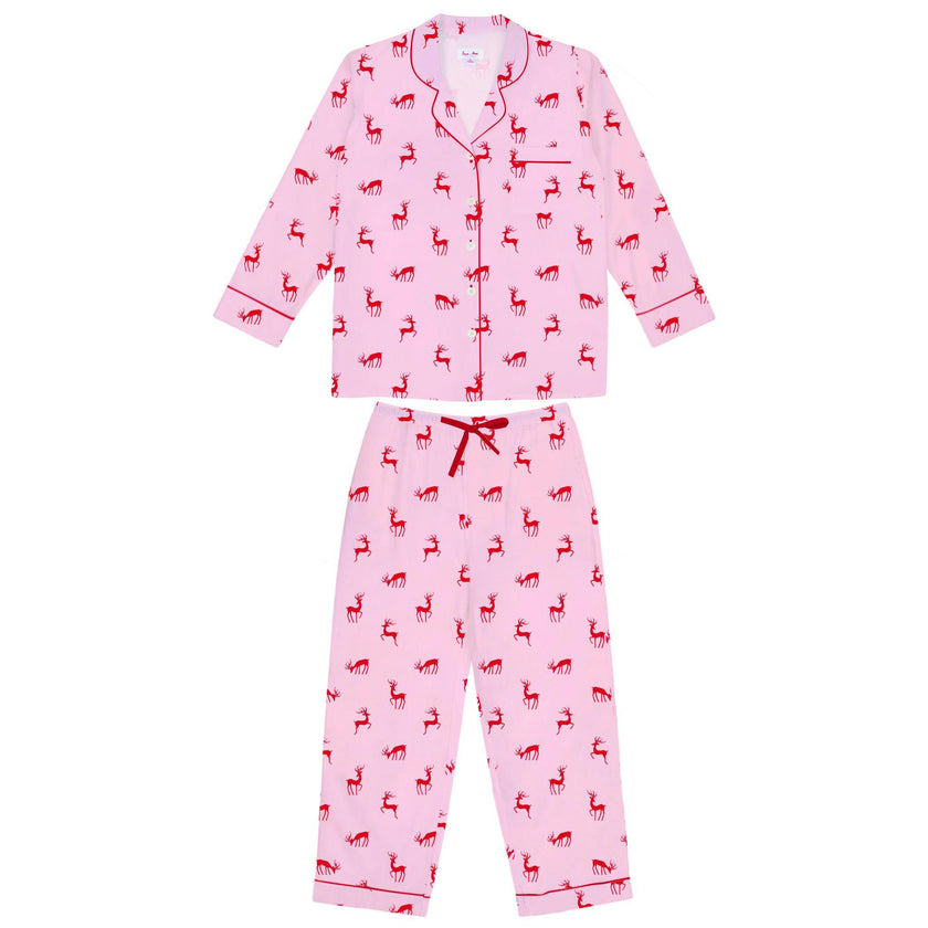 Women's Reindeer Pink Long PJ Set - Organic Cotton Poplin