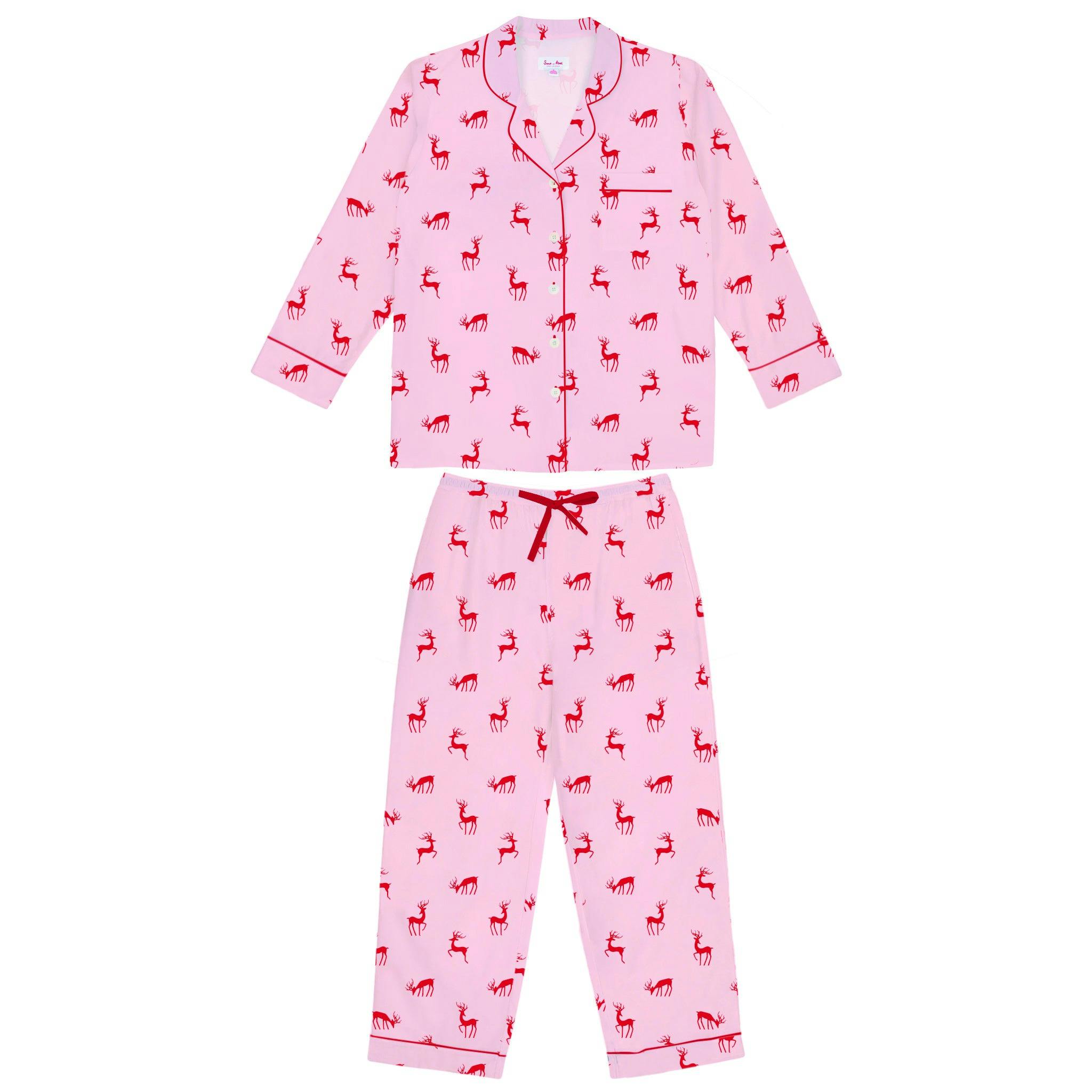 Women's Reindeer Pink Long PJ Set - Organic Cotton Poplin