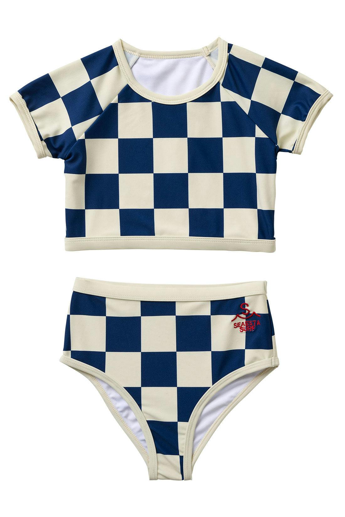 Nautical Checks Two Piece Rashguard Swimsuit / Navy