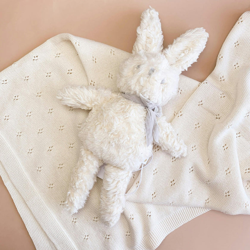Pique Blanket and Charlie Bunny Plush Toy Set - Cream