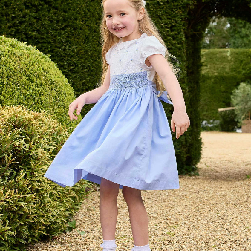 Willow Rose Hand Smocked Dress in Cornflower
