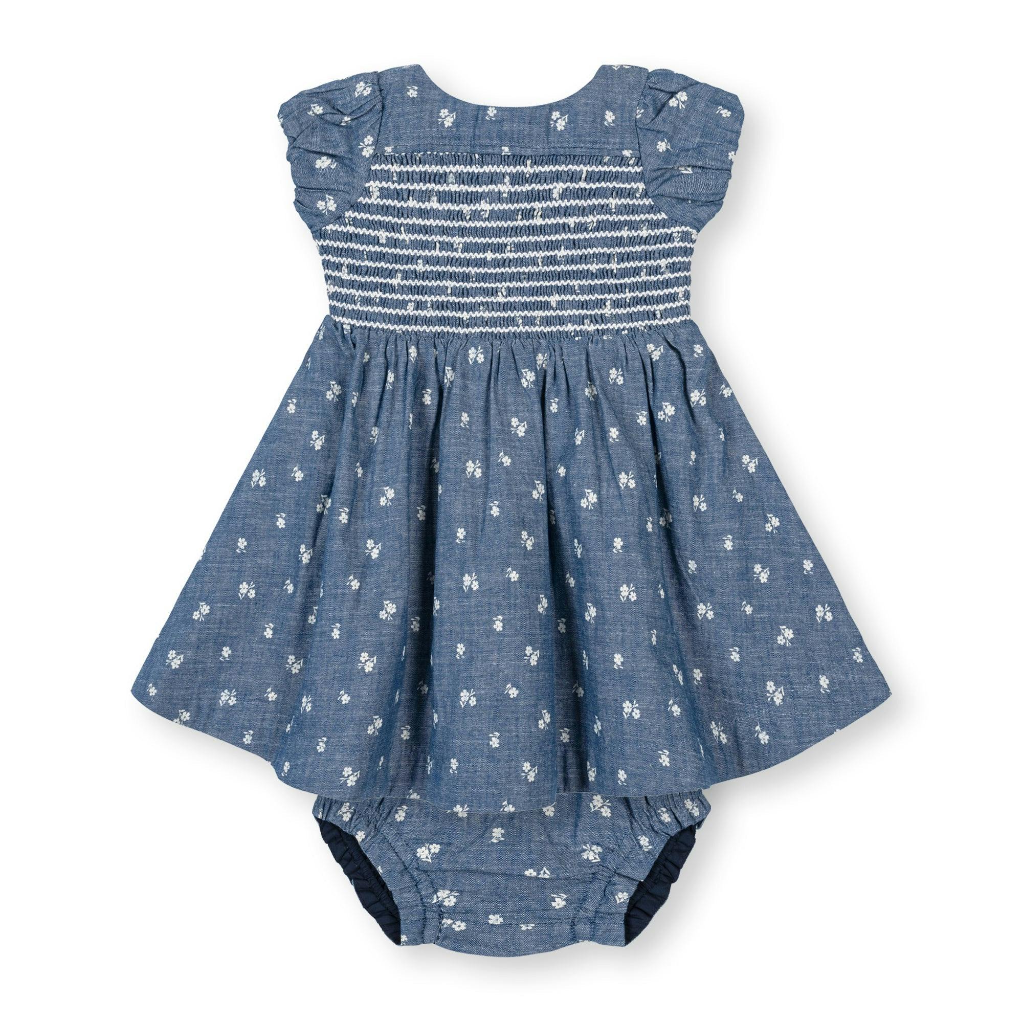 Organic Chambray Smocked Puff Sleeve Dress