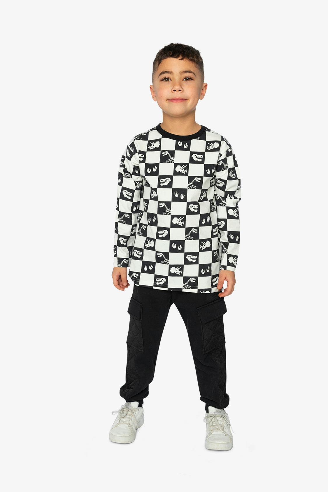 Organic Cotton Long Sleeve T-Shirt Black and White Checker