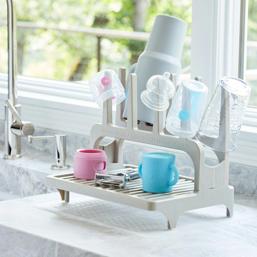 PopYum Seattle Gray Drying Rack from 100% Recycled Bottles with Silicone Drying Mat, countertop for Baby Bottle, Plastic Bags, Cups, Compact