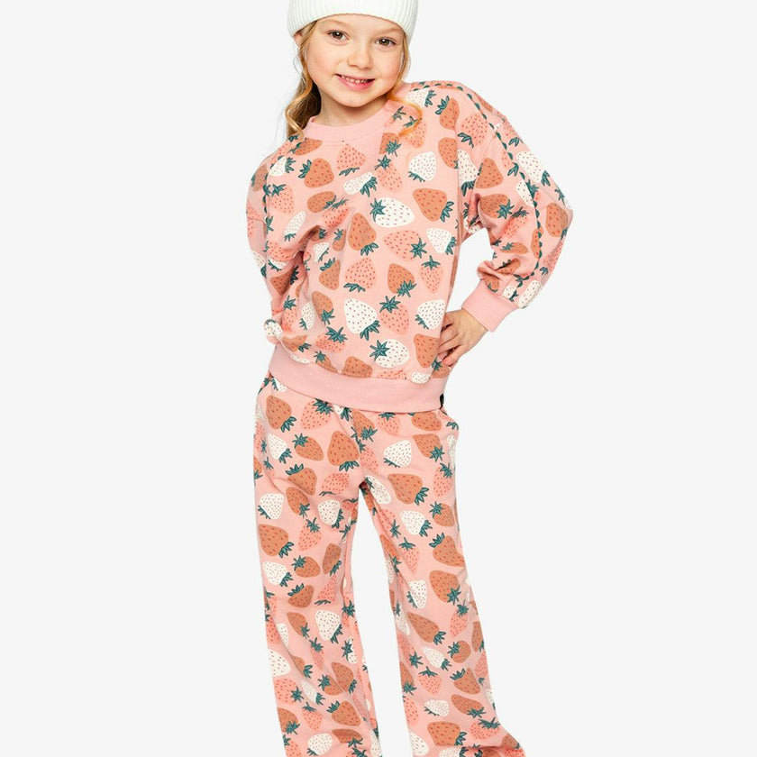 Wide Leg Sweatpants Pink Strawberry Print