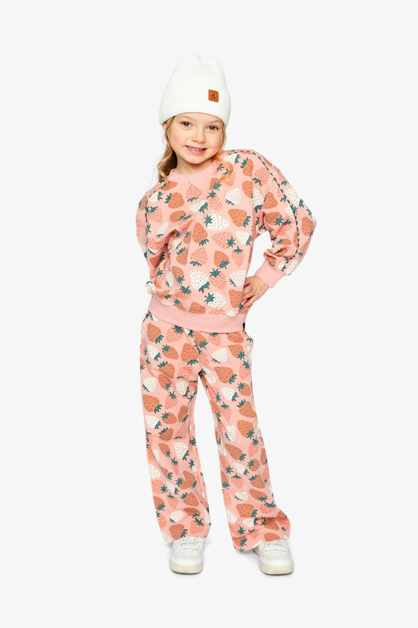 Wide Leg Sweatpants Pink Strawberry Print