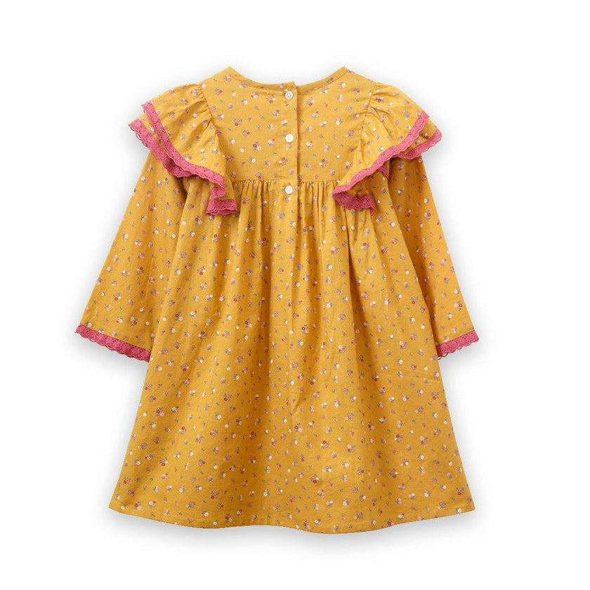 Toddler Long Flutter Sleeves Dress with Lace Trim
