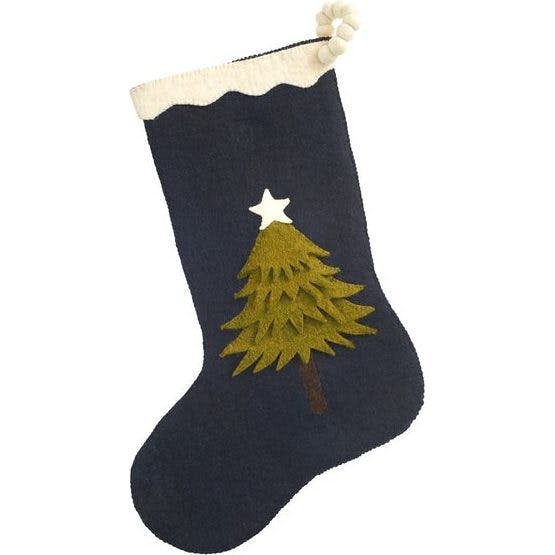 Hand Felted Wool Christmas Stocking - Tree Navy Blue