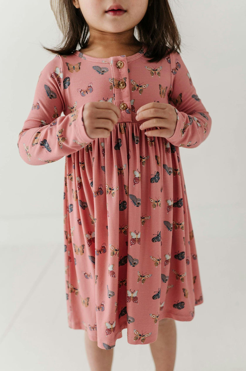 Girls Long Sleeve Henley Dress in Butterfly Bloom