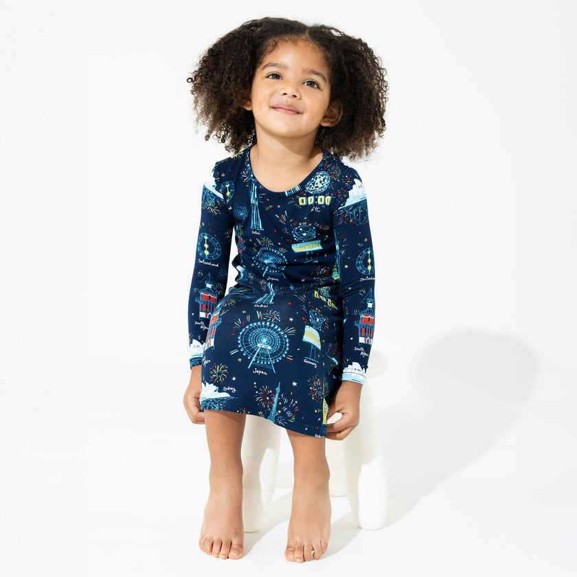 New Year's Worldwide Countdown Bamboo Girls' Long Sleeve Dress