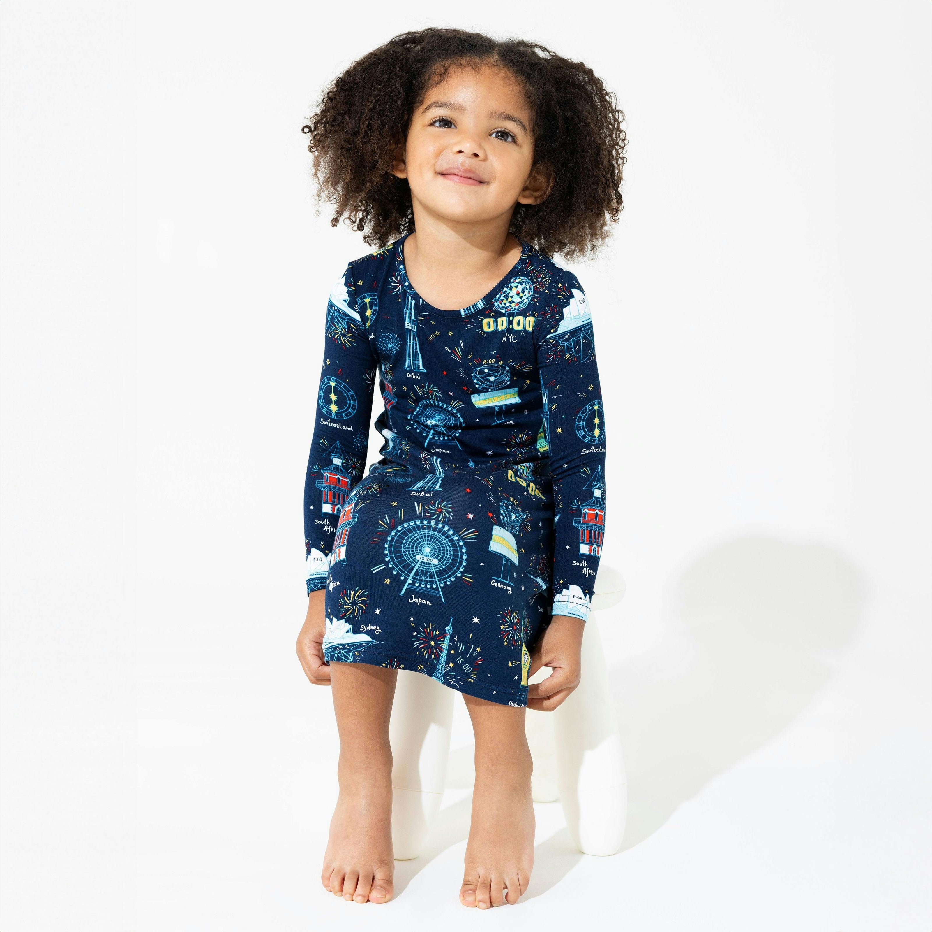 New Year's Worldwide Countdown Bamboo Girls' Long Sleeve Dress
