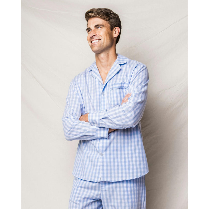 Men's Twill Pajama Set in Light Blue Gingham