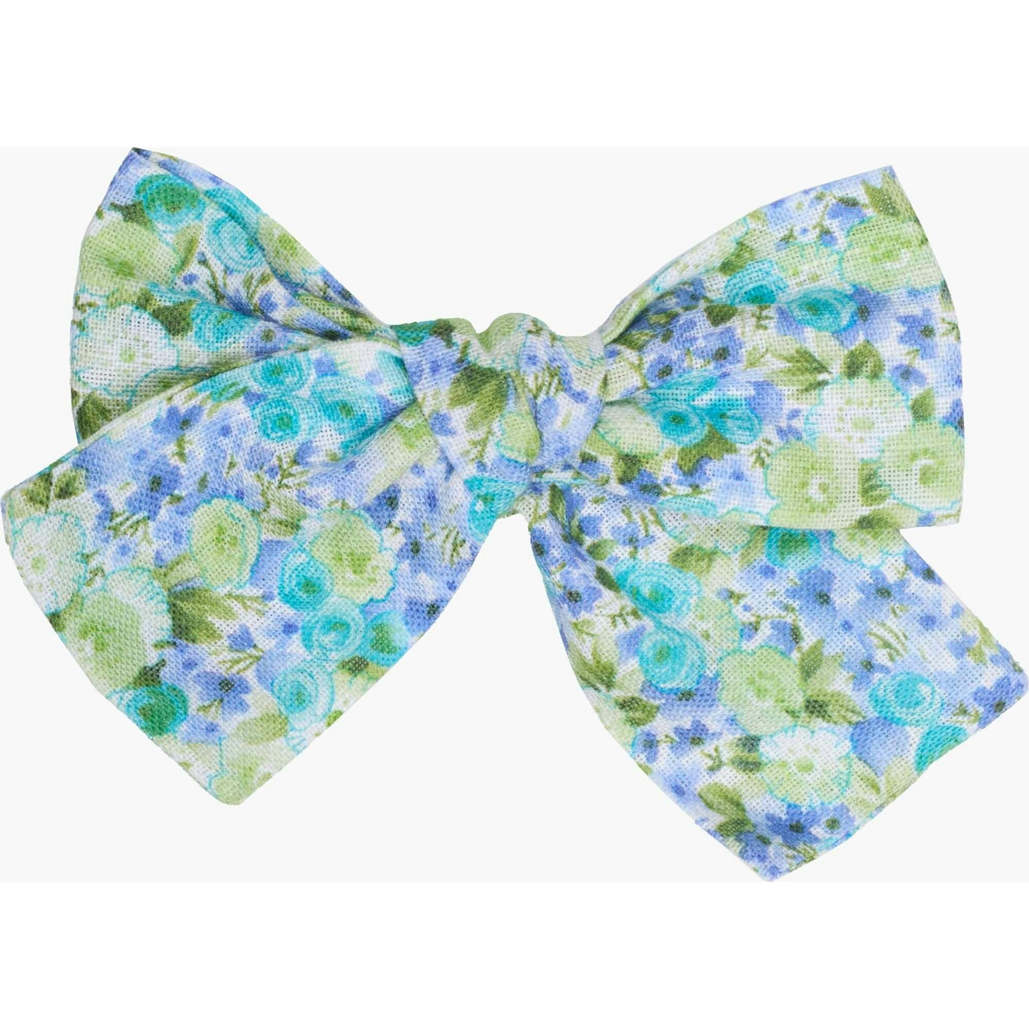Linen Flower Blue and Green Bow Clip