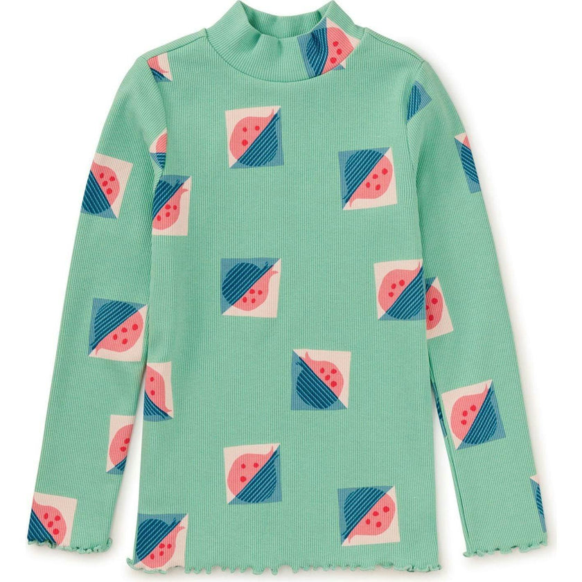 Modern Print Ribbed Long Sleeve Mock Neck Top, Multi