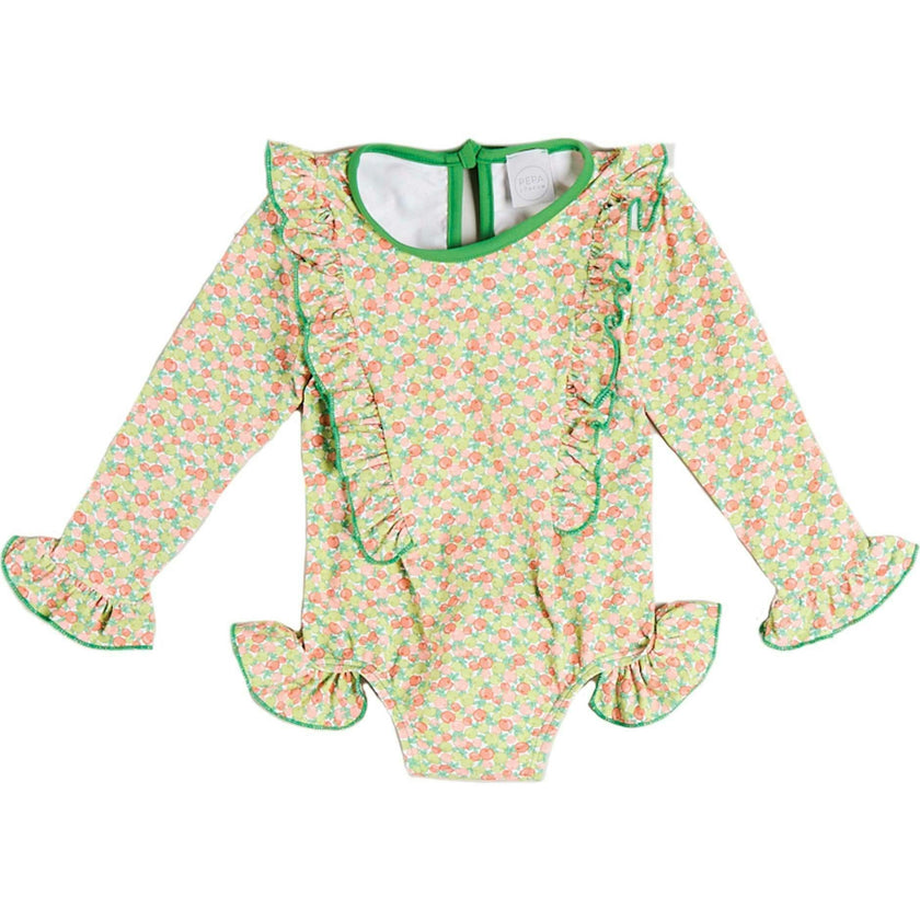 Annie Apple Print Ruffle Detail Long Sleeve Swimsuit in Green (12mths- 10yrs)