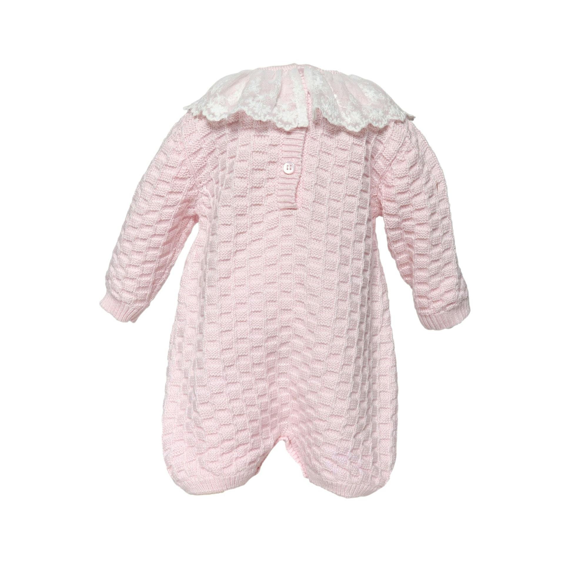 Baby Girl Basketweave Knit Romper with Lace Collar Pink