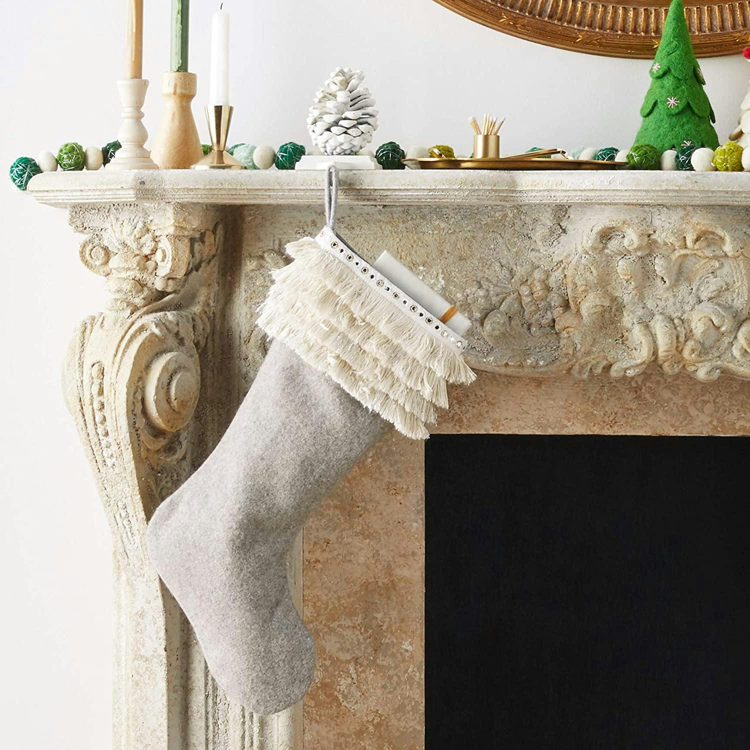Handmade Wool Christmas Stocking - Fringe Gray Arcadia Home