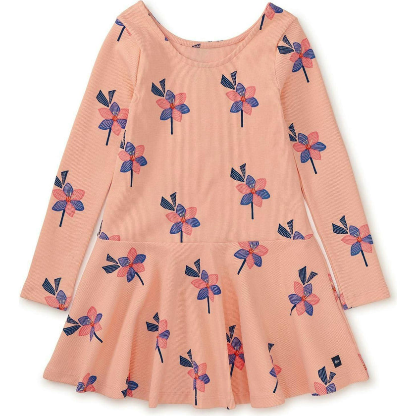 Floral Print Ribbed Drop Waist Skater Dress, Yellow