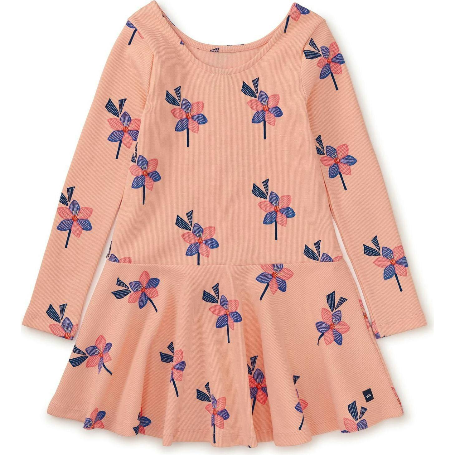 Floral Print Ribbed Drop Waist Skater Dress, Yellow