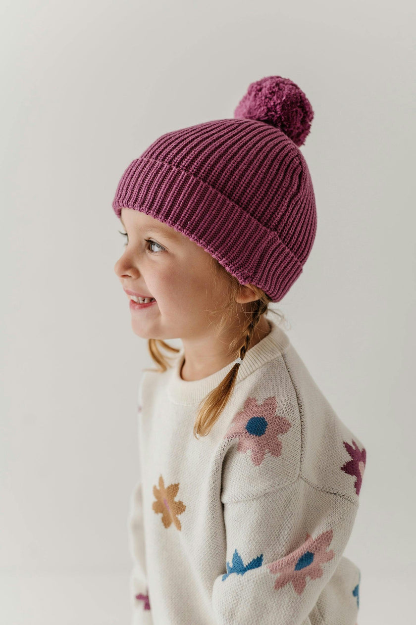 Knit Pom Hat in Vintage Plum