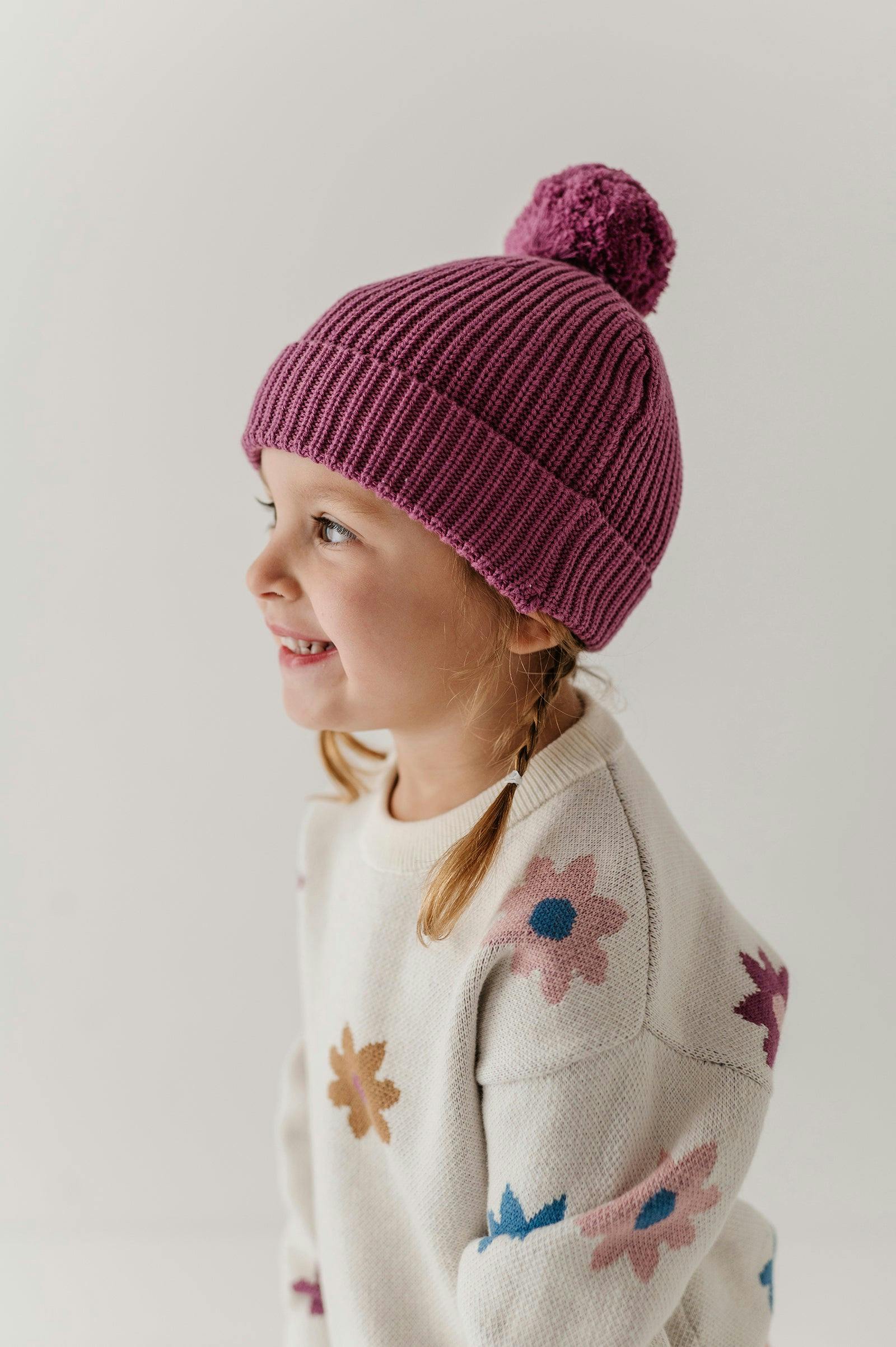 Knit Pom Hat in Vintage Plum