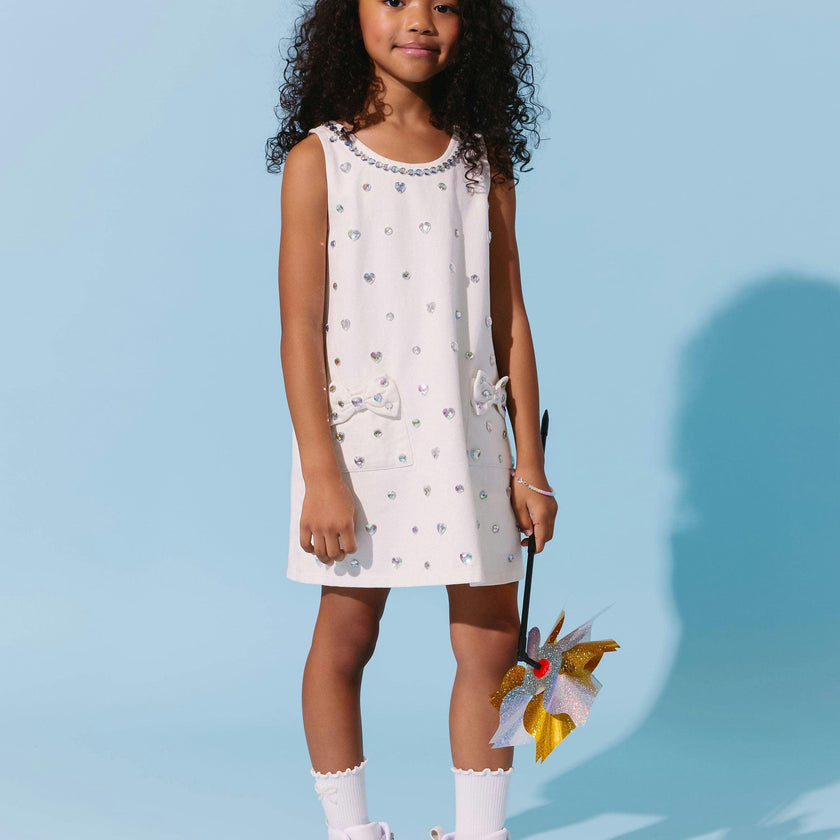 White Crystal Heart Denim Bow Dress