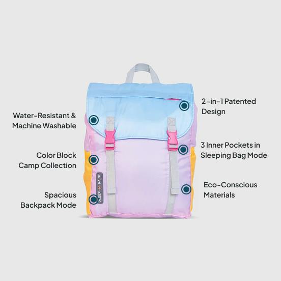 Sleep-N-Pack™ – Big Kid Size | Color Block Camp Collection: Pink Smile Face