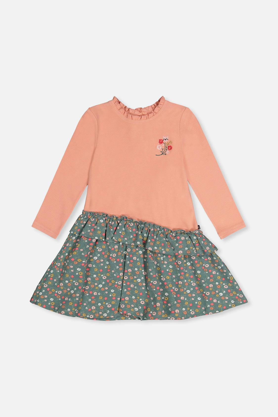 Bi-Material Dress Pale Pink And Green Floral Print