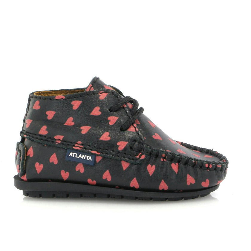 Smooth Leather Moccasin Boots, Black with Red Hearts Print